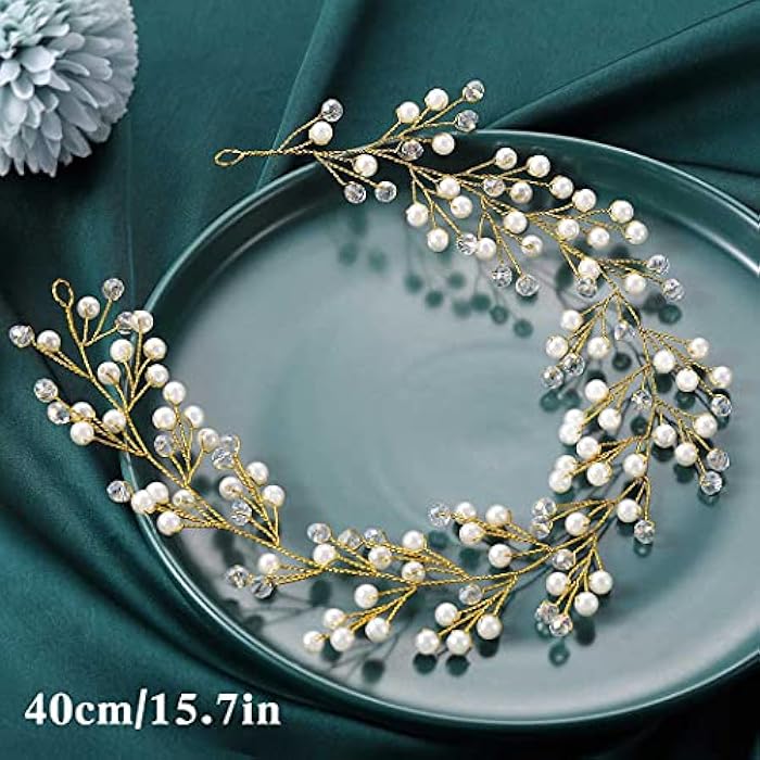 Unicra Bride Wedding Pearl Hair Vines Crystal Babys Breath Headpieces Wedding Hair Accessories for Women and Girls (Gold) - Image 2